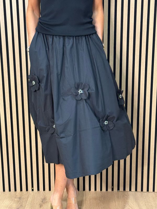 Floral Detail Cotton Midi Skirt - Black