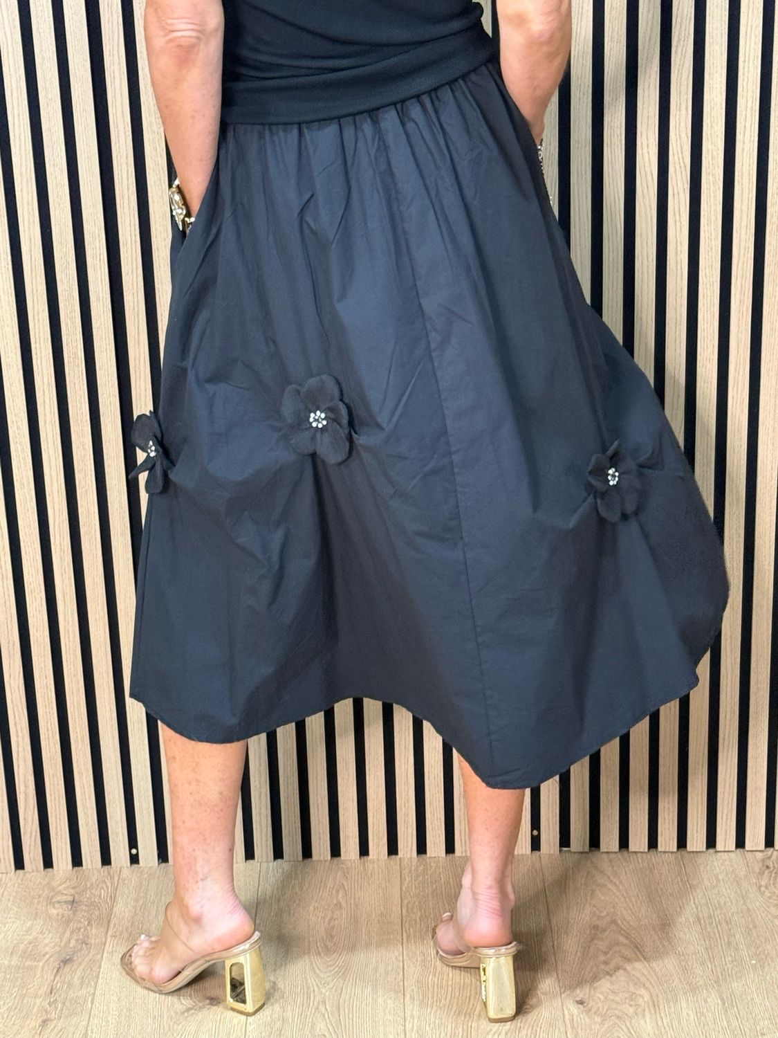 Floral Detail Cotton Midi Skirt - Black