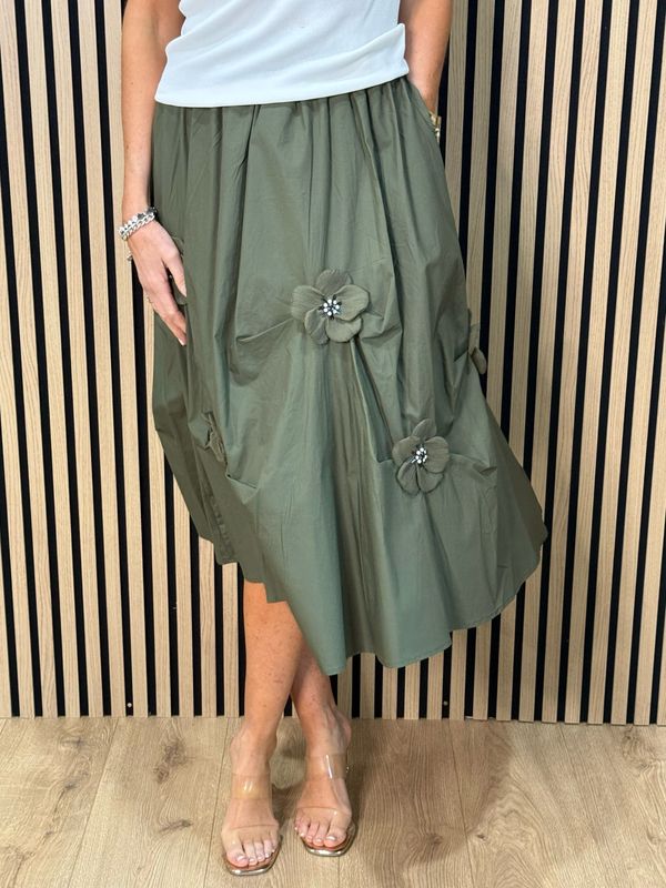 Floral Detail Cotton Midi Skirt - Khaki