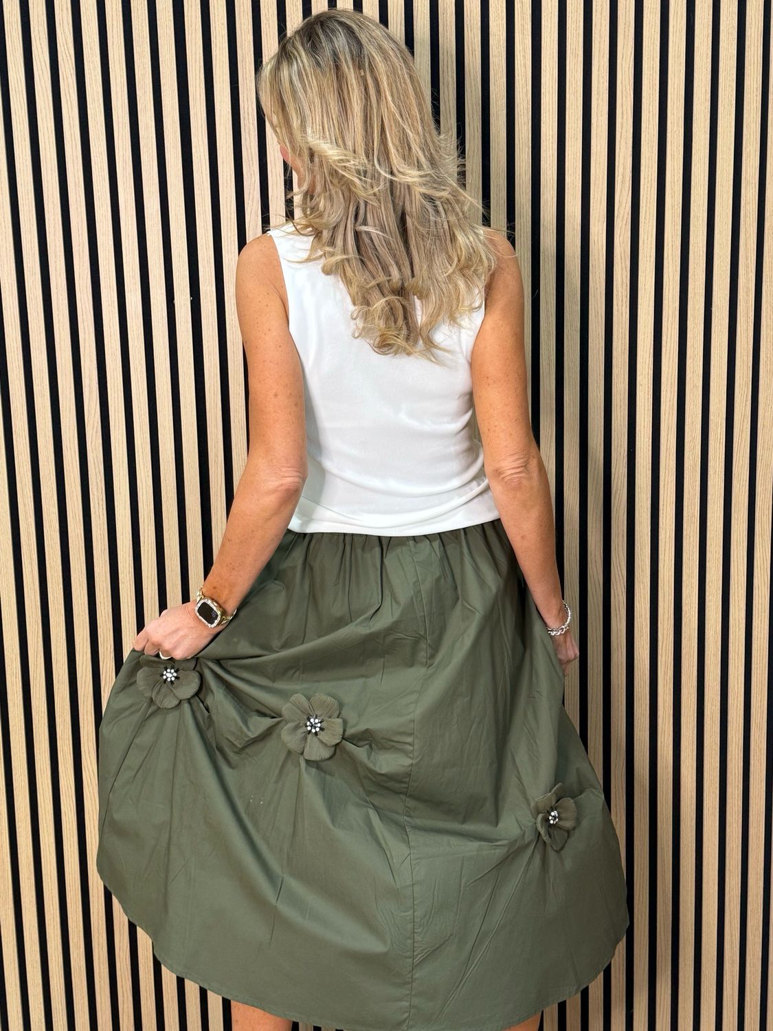 Floral Detail Cotton Midi Skirt - Khaki