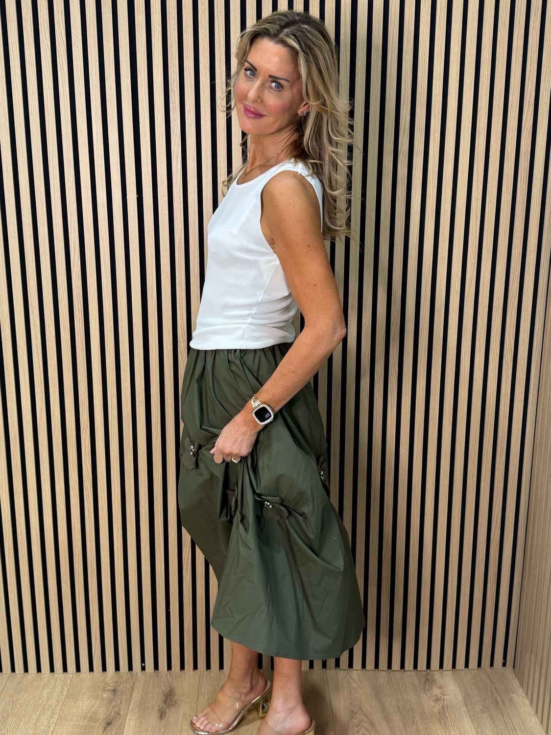 Floral Detail Cotton Midi Skirt - Khaki