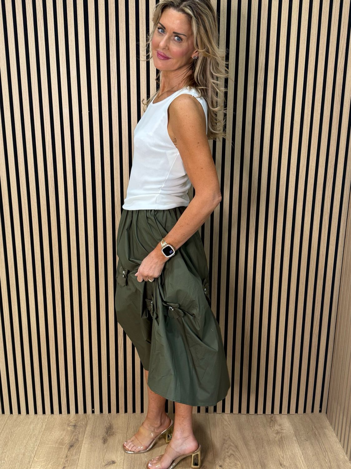 Floral Detail Cotton Midi Skirt - Khaki