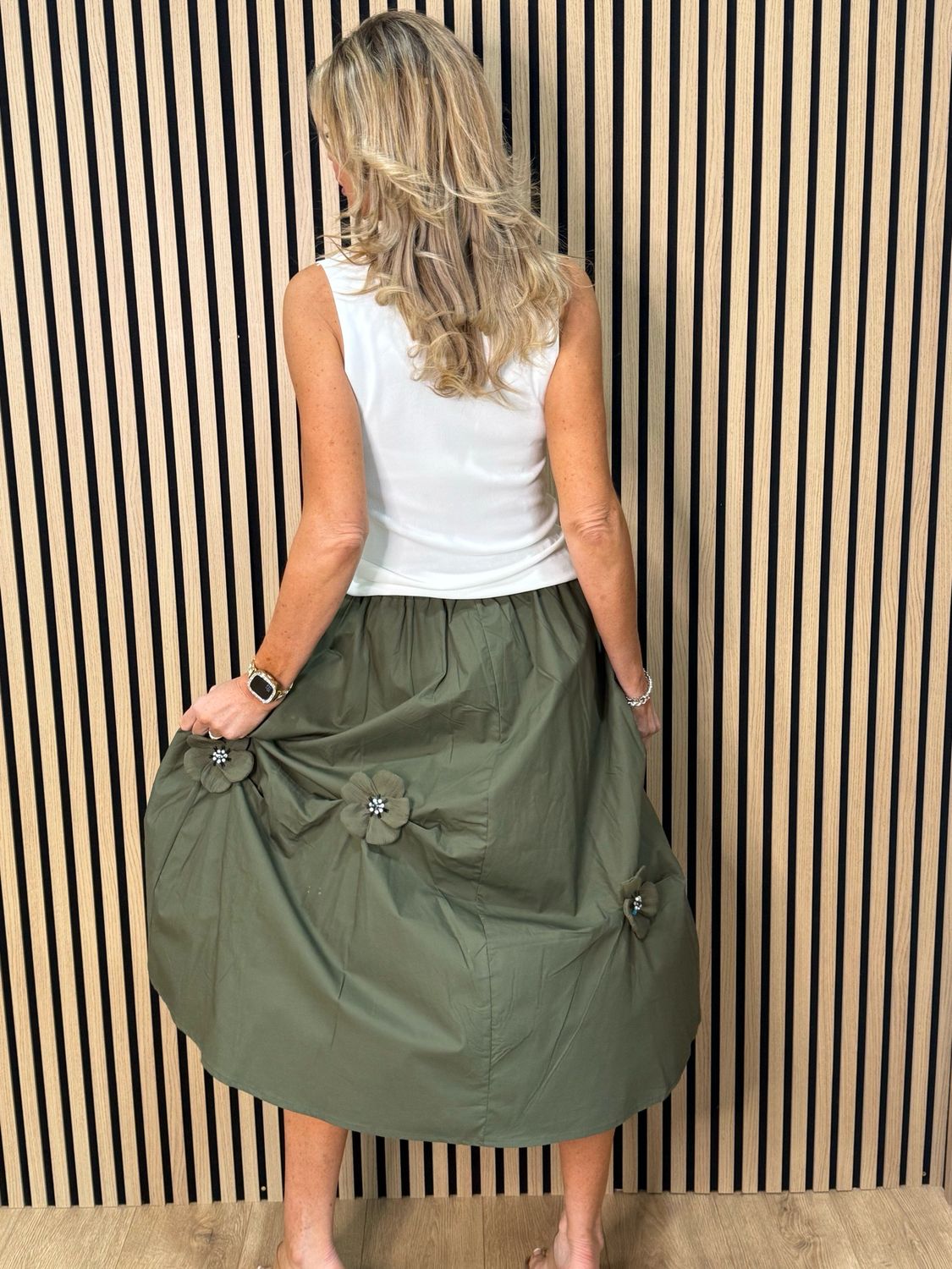 Floral Detail Cotton Midi Skirt - Khaki