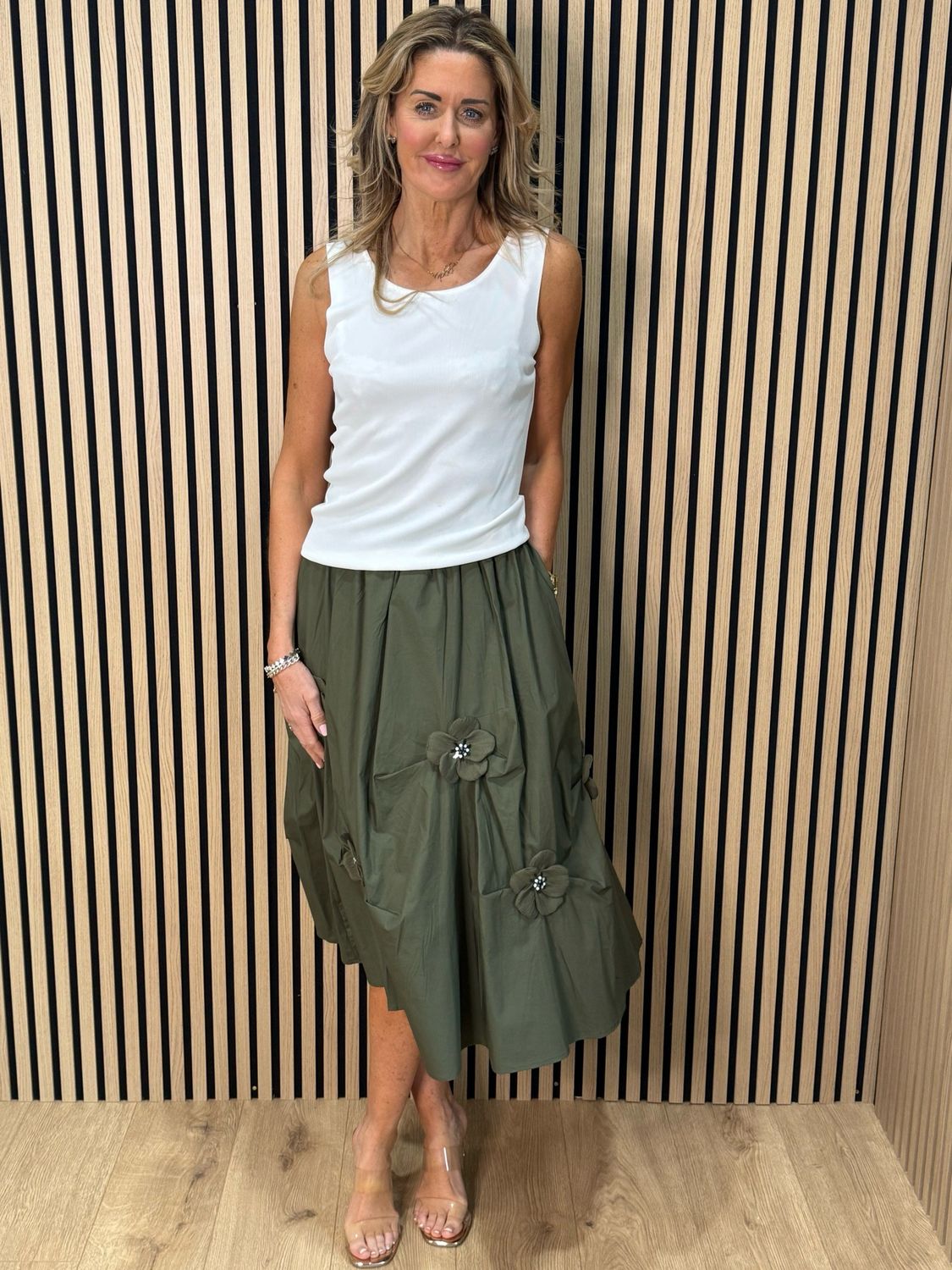 Floral Detail Cotton Midi Skirt - Khaki