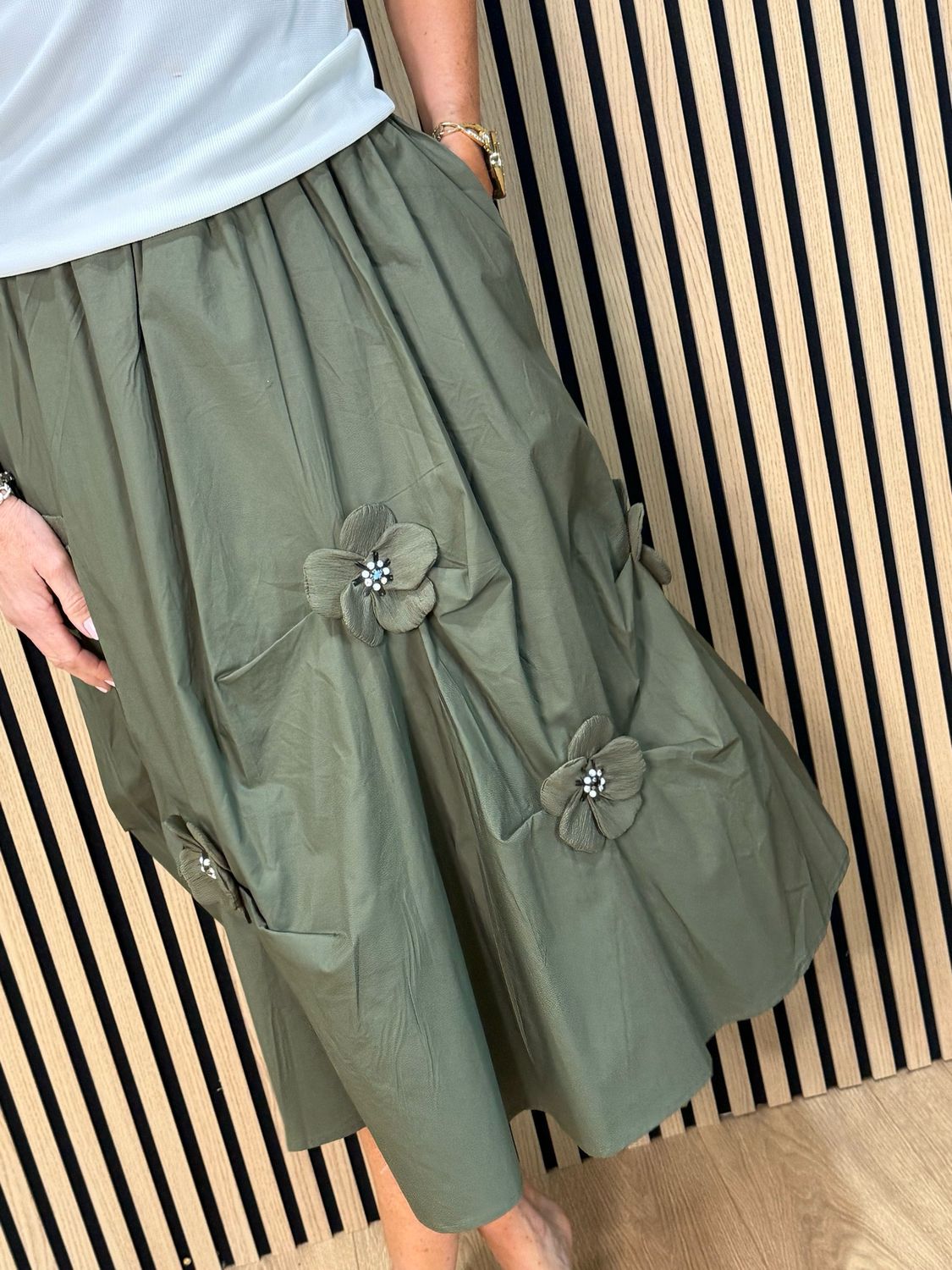 Floral Detail Cotton Midi Skirt - Khaki