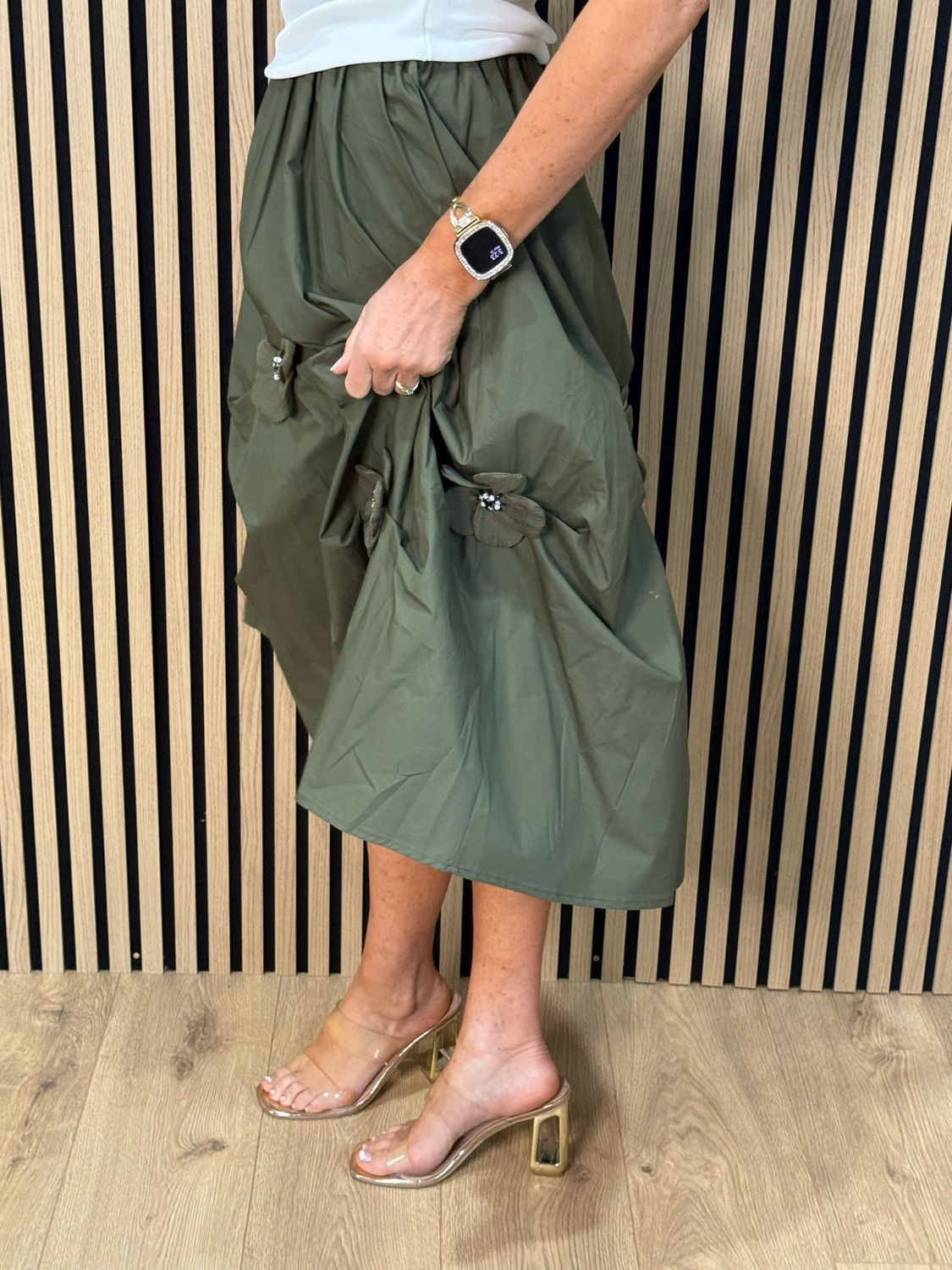 Floral Detail Cotton Midi Skirt - Khaki