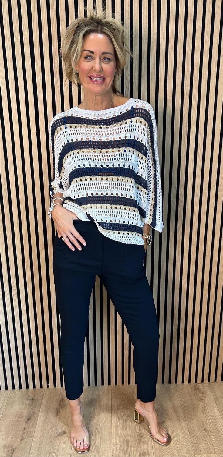 Striped Crochet Knit Jumper - Navy/White