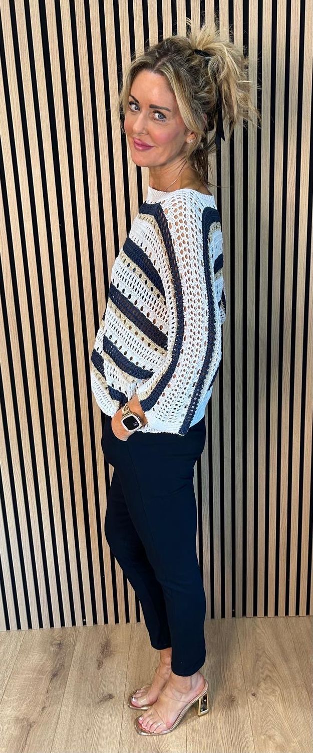Striped Crochet Knit Jumper - Navy/White