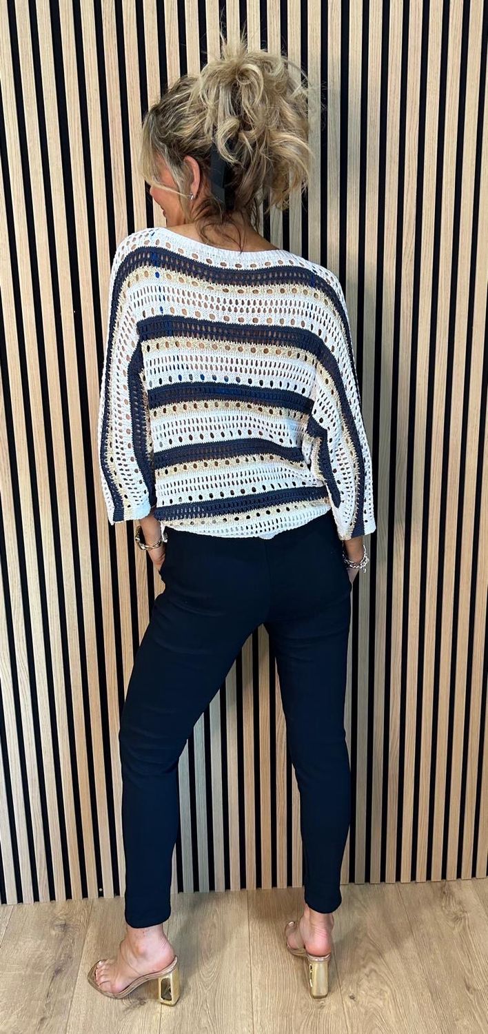 Striped Crochet Knit Jumper - Navy/White