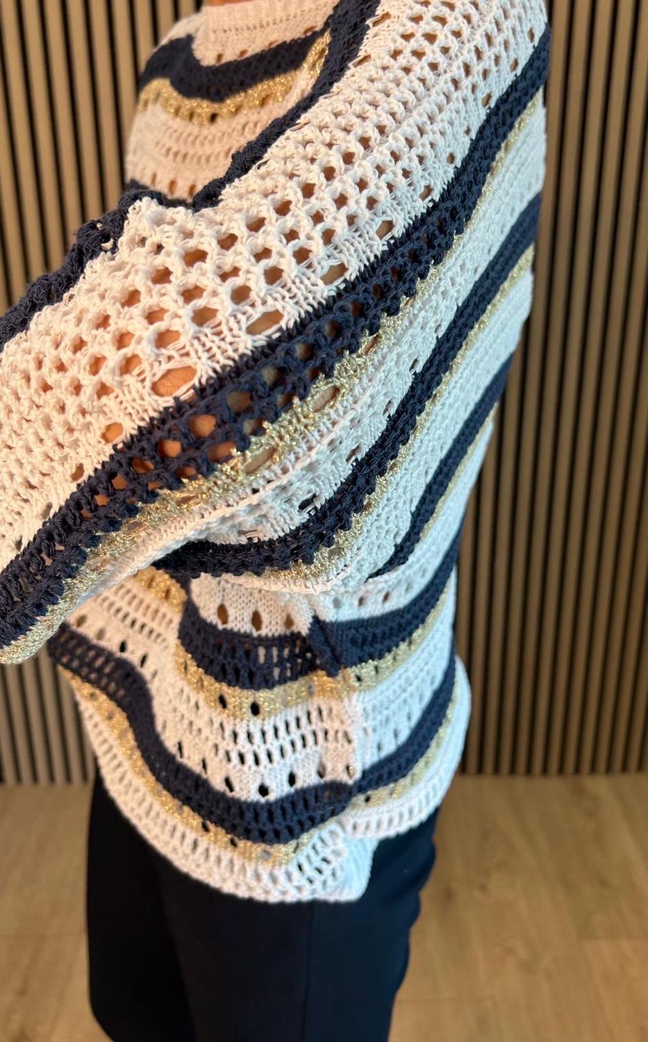 Striped Crochet Knit Jumper - Navy/White