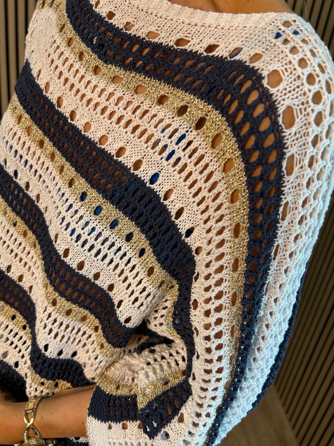 Striped Crochet Knit Jumper - Navy/White