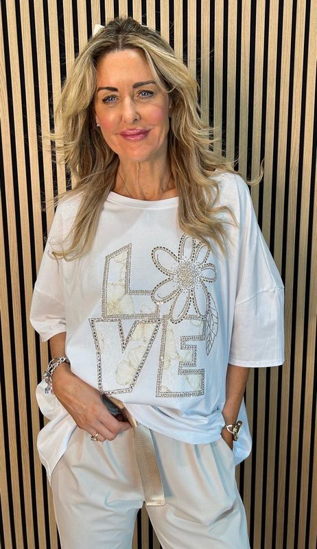 Love Embellished Oversized Top - White