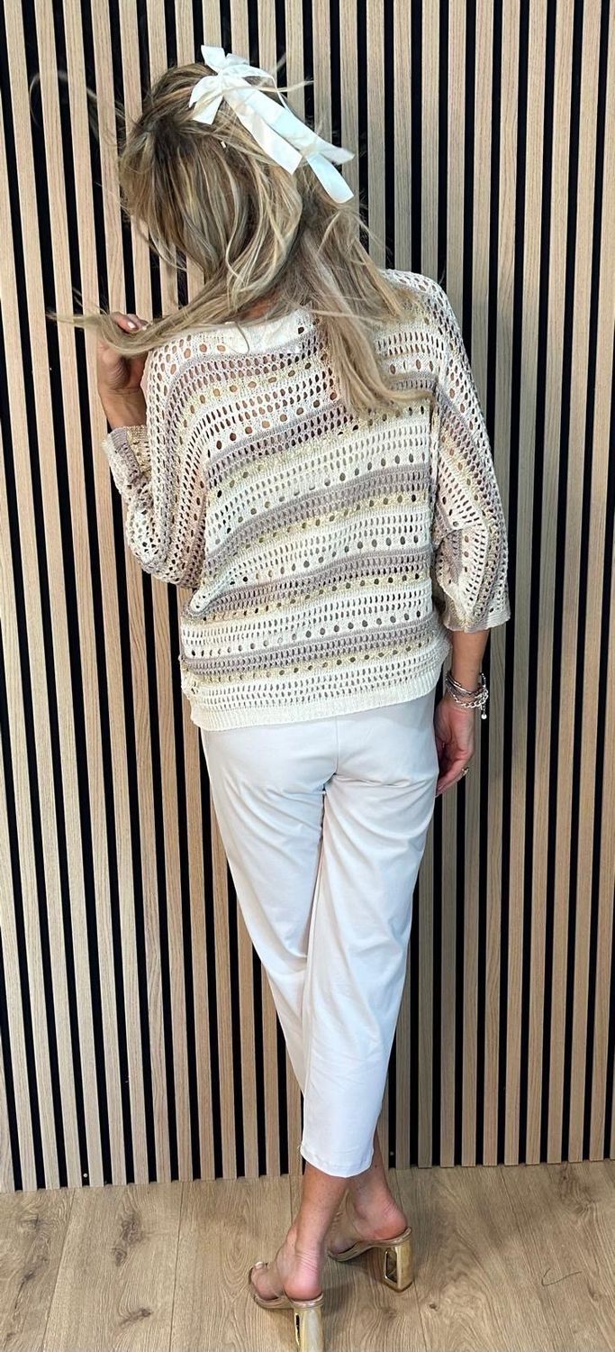 Striped Crochet Knit Jumper - Cream/Taupe
