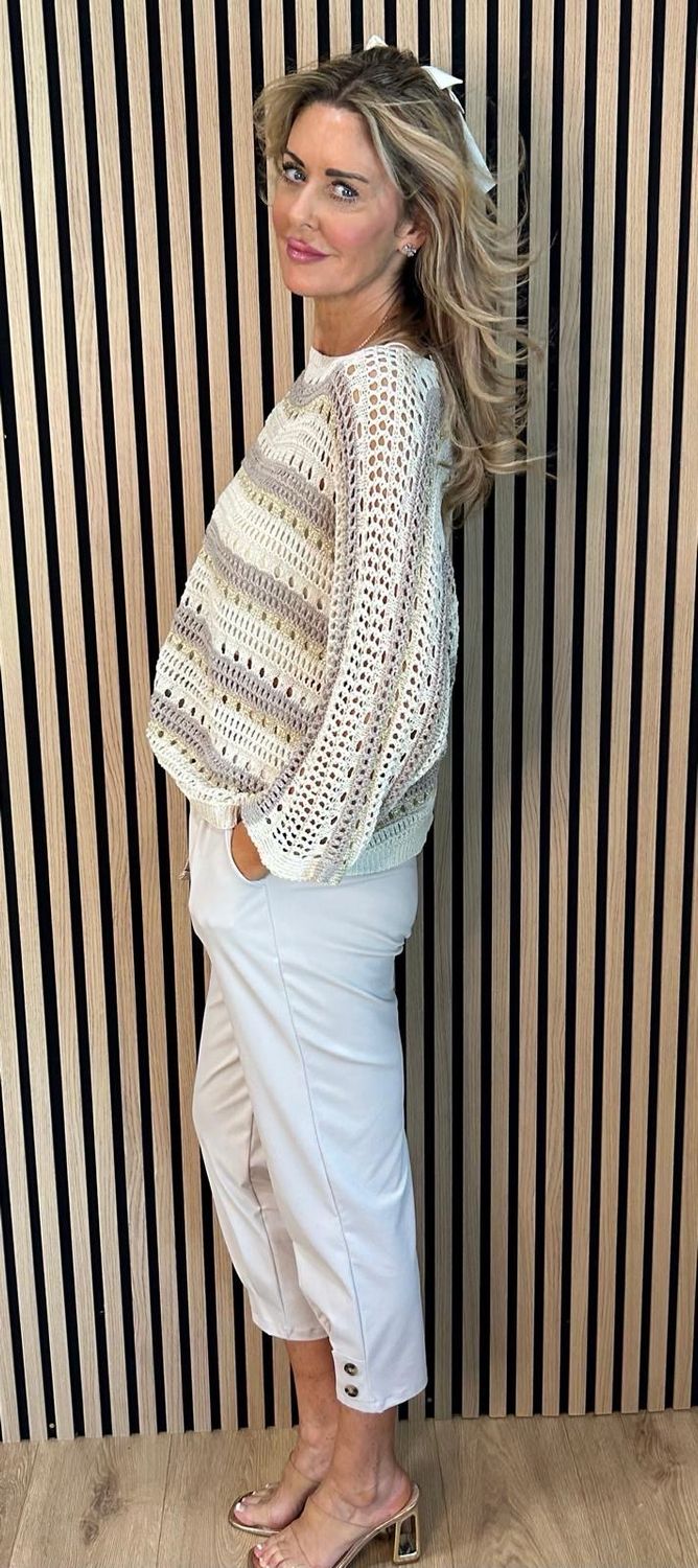 Striped Crochet Knit Jumper - Cream/Taupe