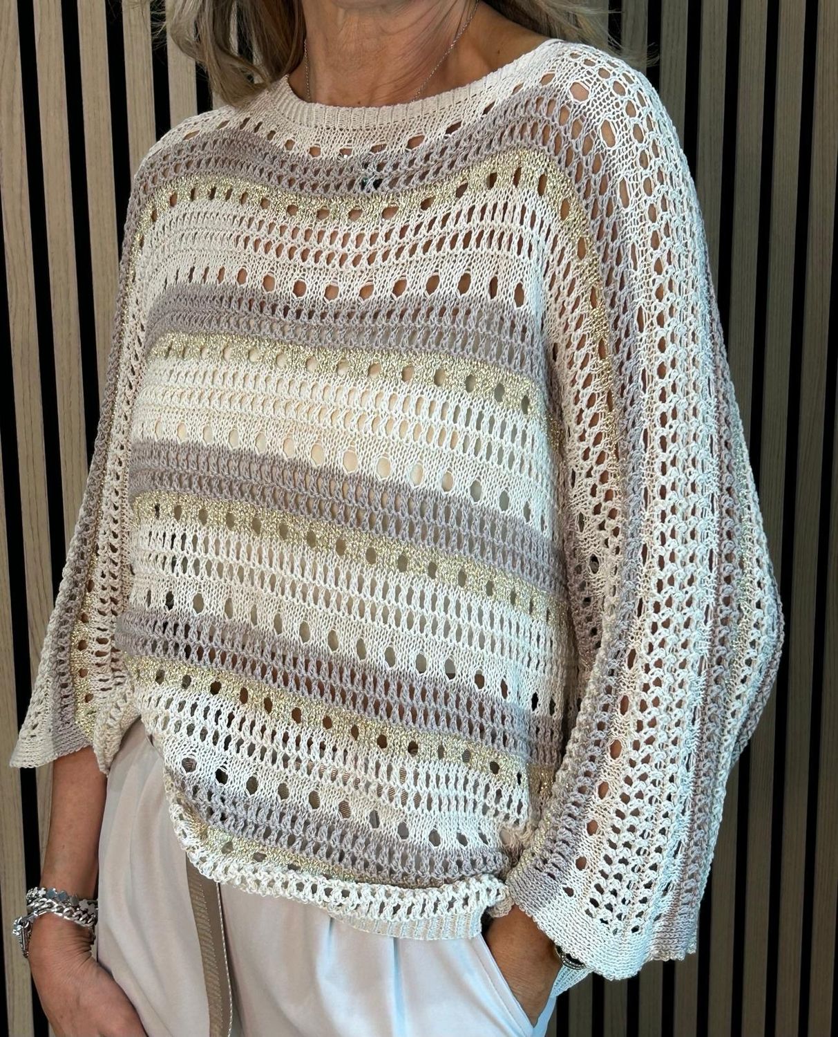 Striped Crochet Knit Jumper - Cream/Taupe