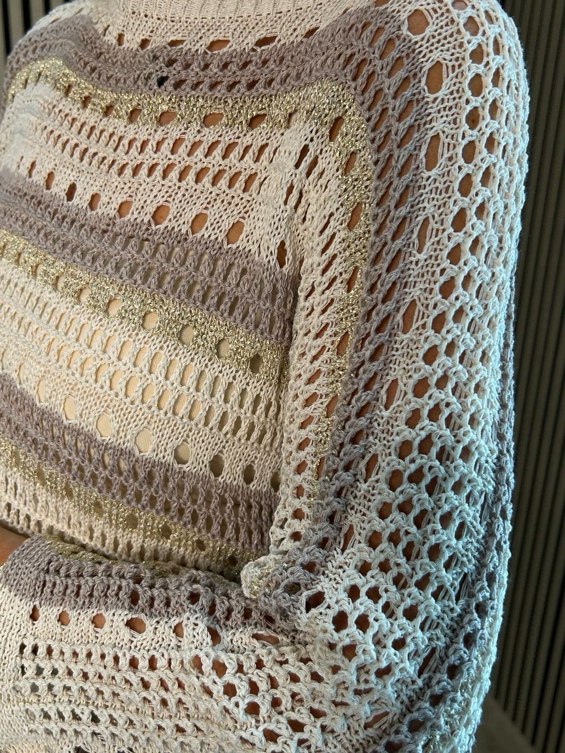 Striped Crochet Knit Jumper - Cream/Taupe