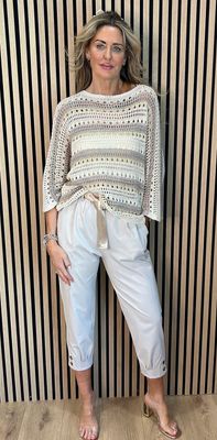 Striped Crochet Knit Jumper - Cream/Taupe
