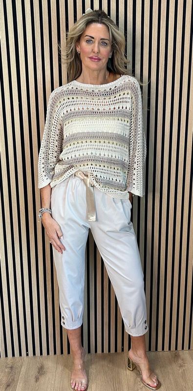 Striped Crochet Knit Jumper - Cream/Taupe