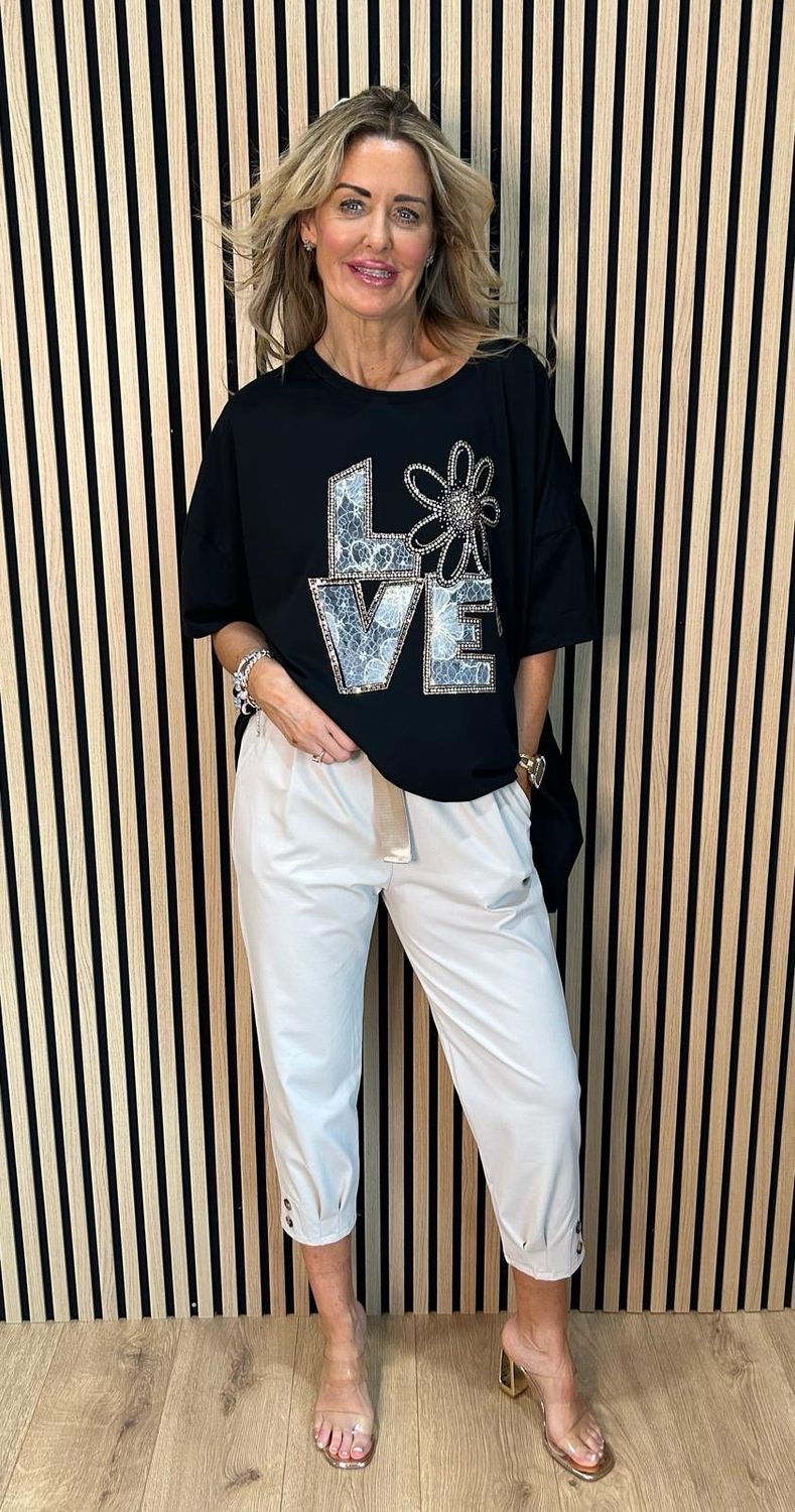Love Embellished Oversized Top - Black