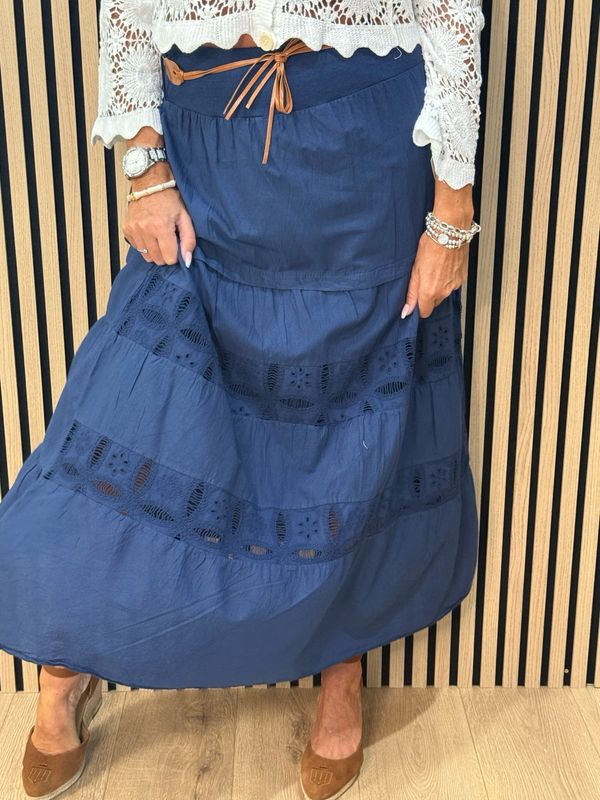 Broderie Panel Maxi Skirt - Navy