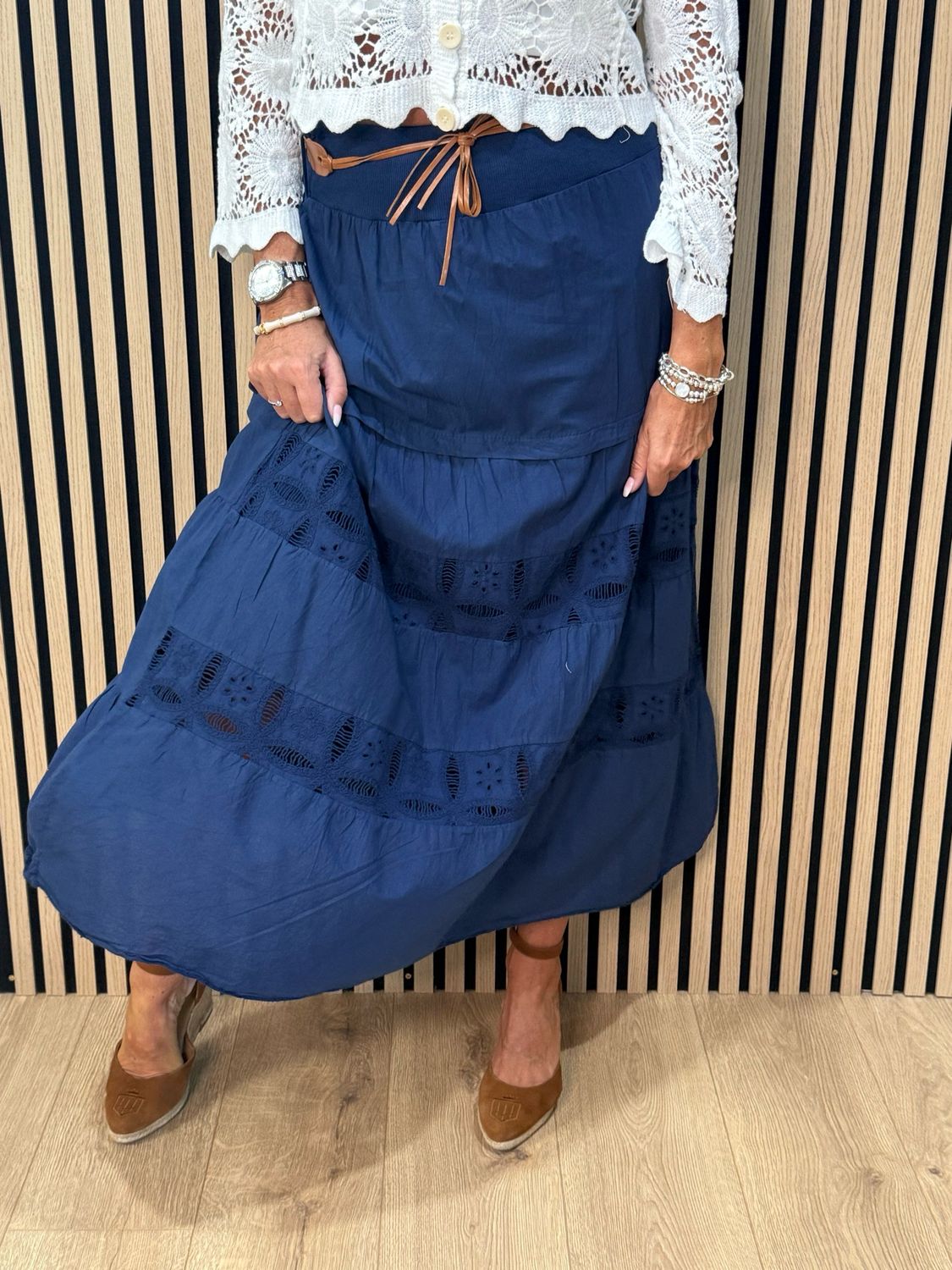 Broderie Panel Maxi Skirt - Navy