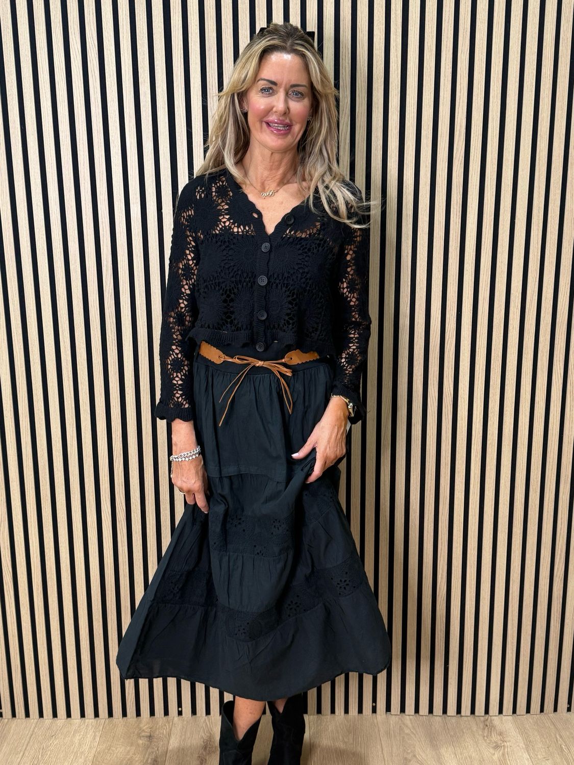 Broderie Panel Maxi Skirt - Black