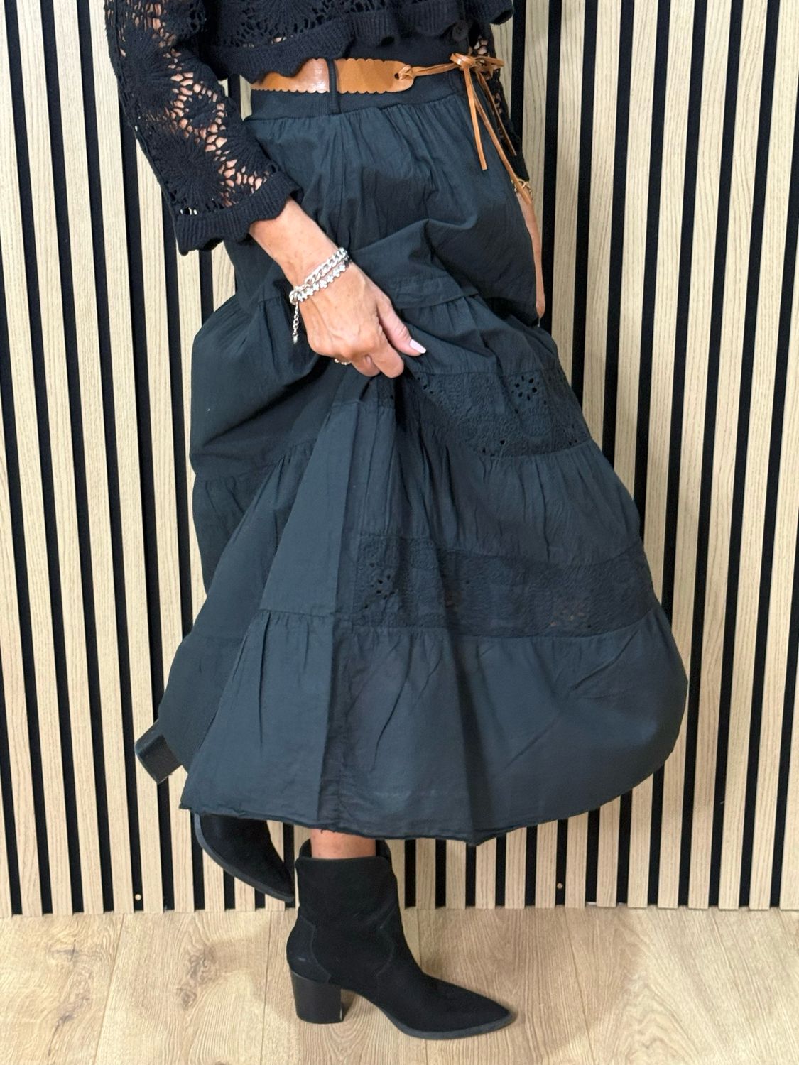 Broderie Panel Maxi Skirt - Black