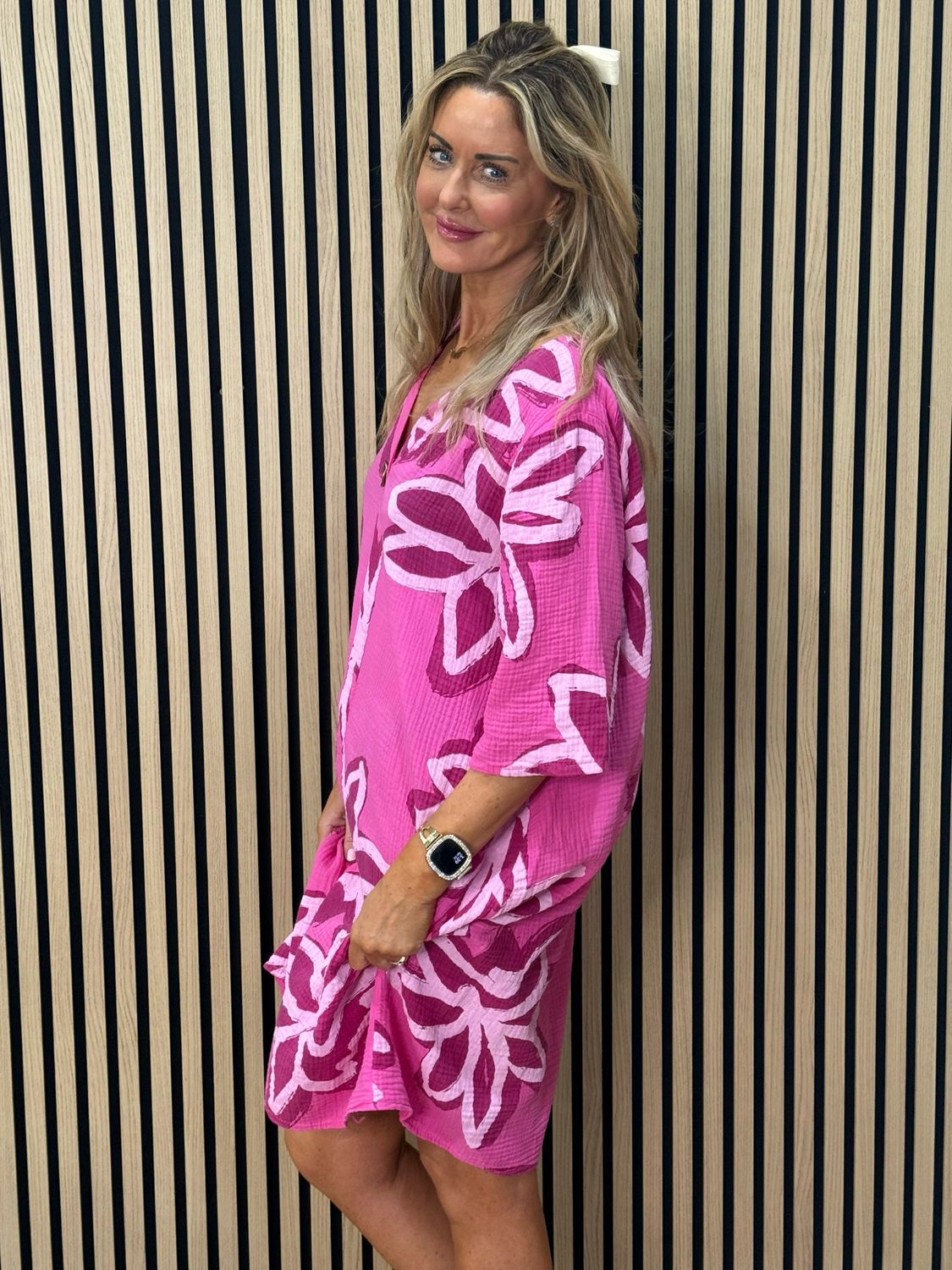 Button Front Flower Pattern Dress - Fuchsia