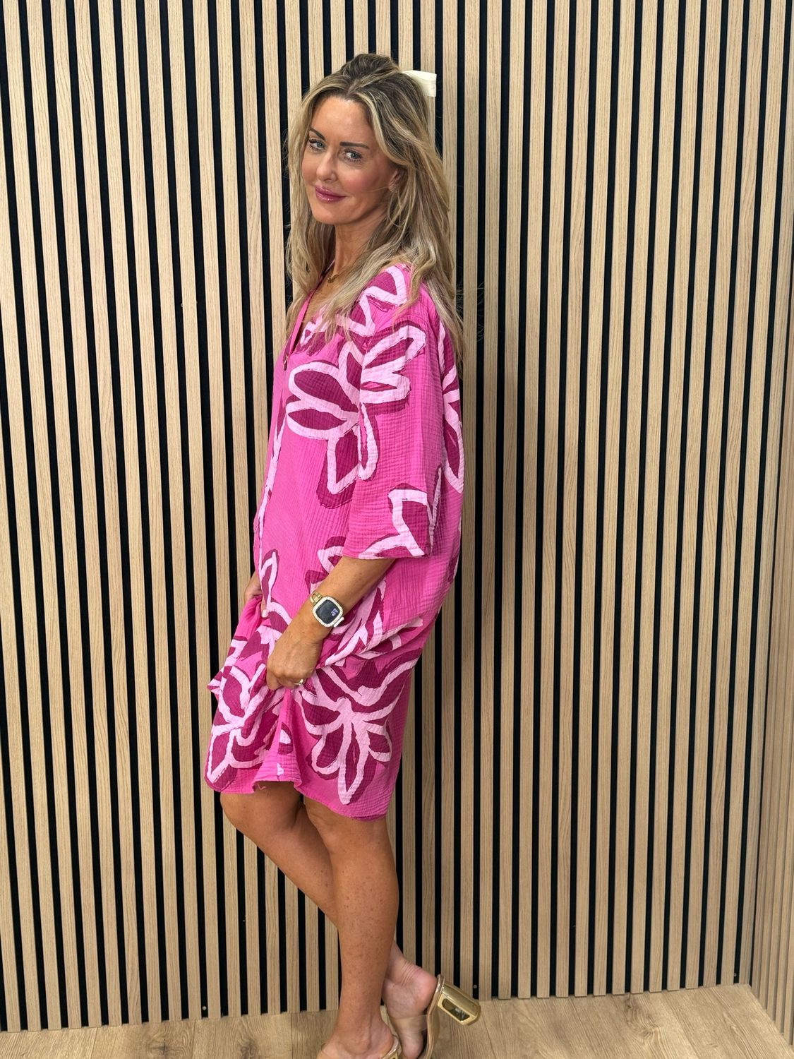 Button Front Flower Pattern Dress - Fuchsia