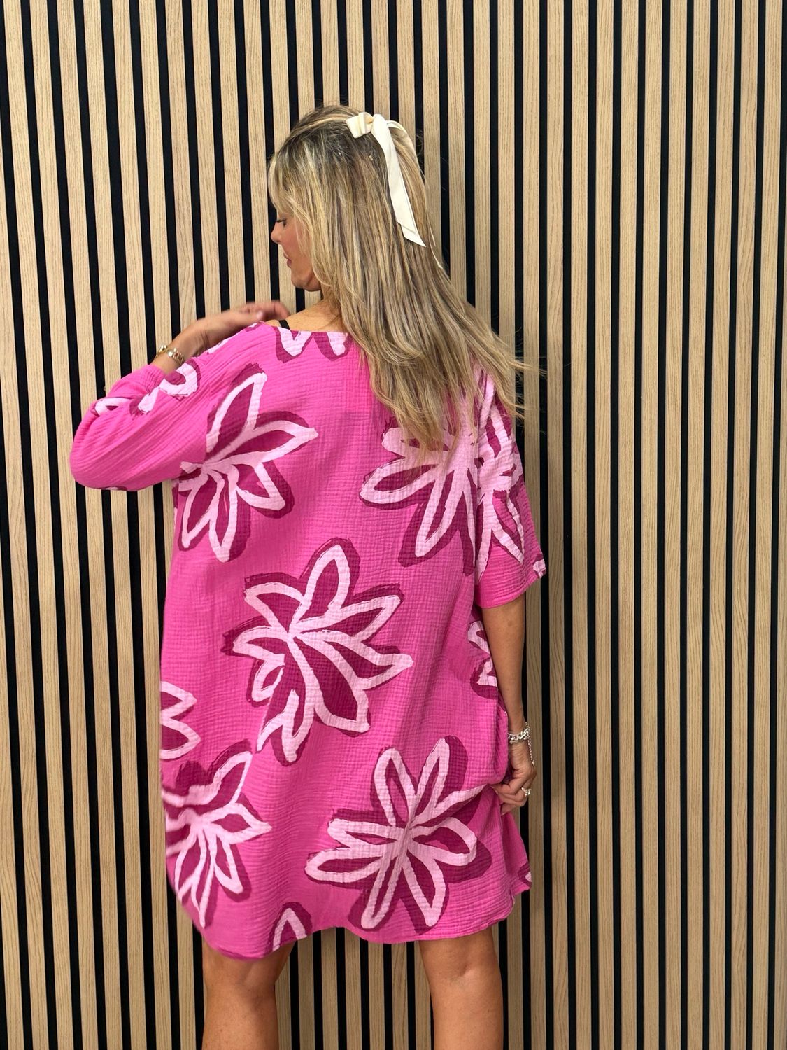 Button Front Flower Pattern Dress - Fuchsia