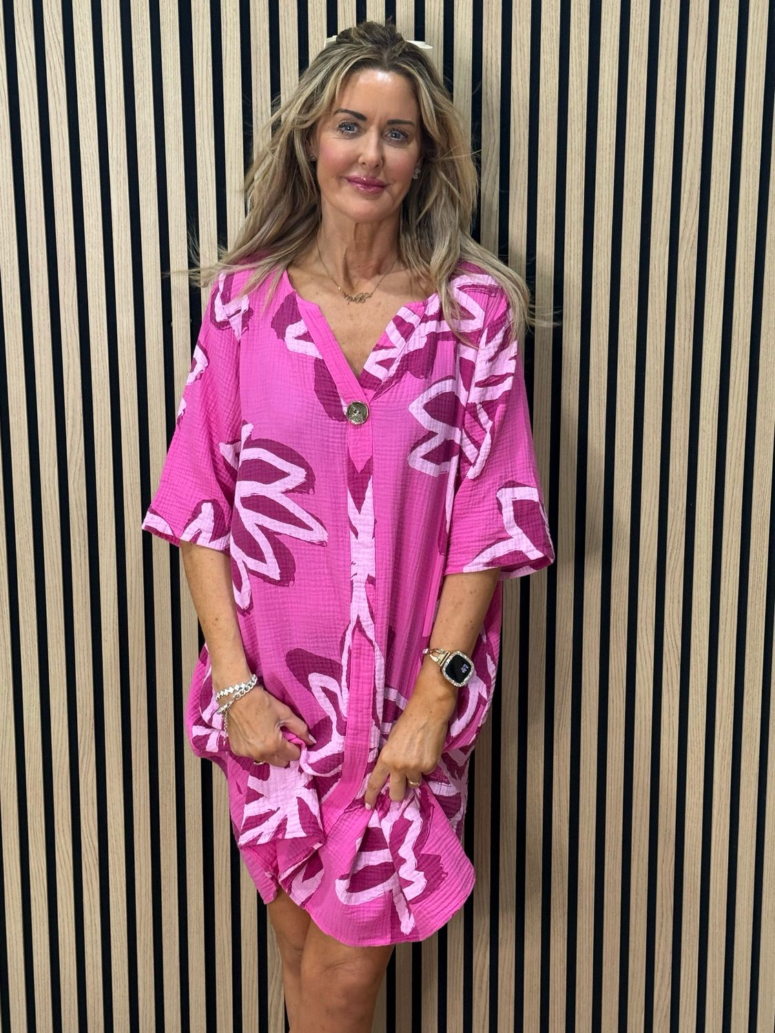 Button Front Flower Pattern Dress - Fuchsia