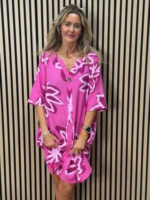 Button Front Flower Pattern Dress - Fuchsia