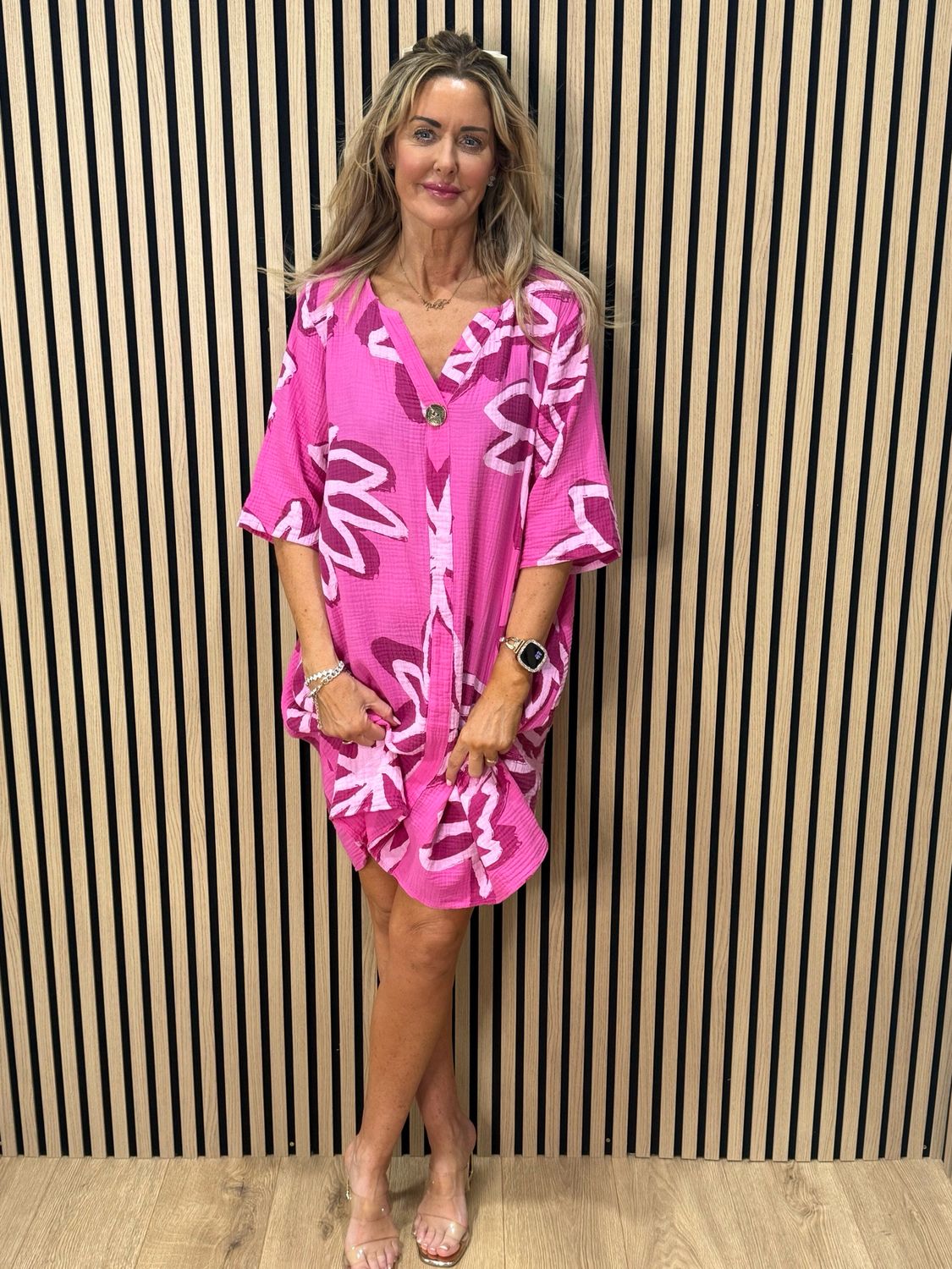 Button Front Flower Pattern Dress - Fuchsia