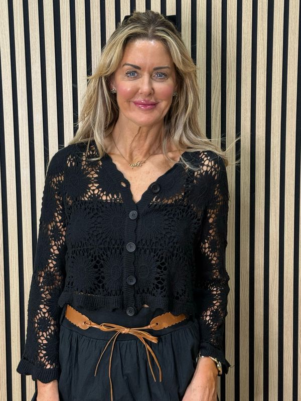 Crochet Button Cardigan - Black