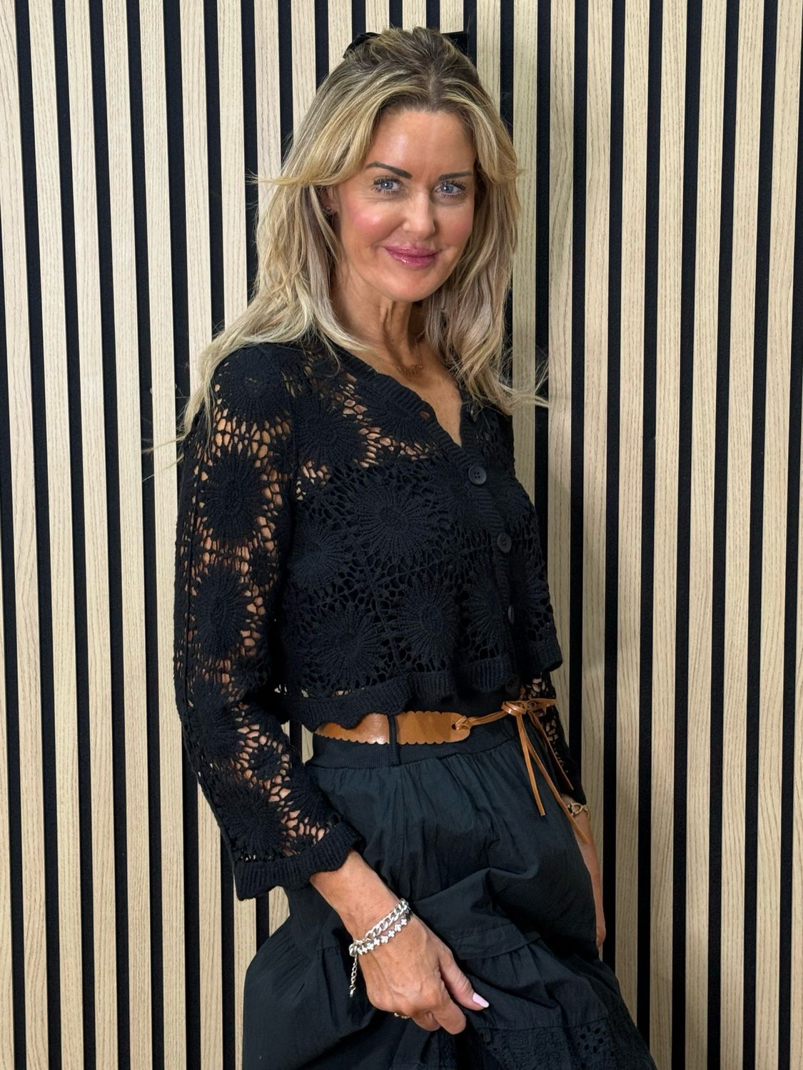 Crochet Button Cardigan - Black