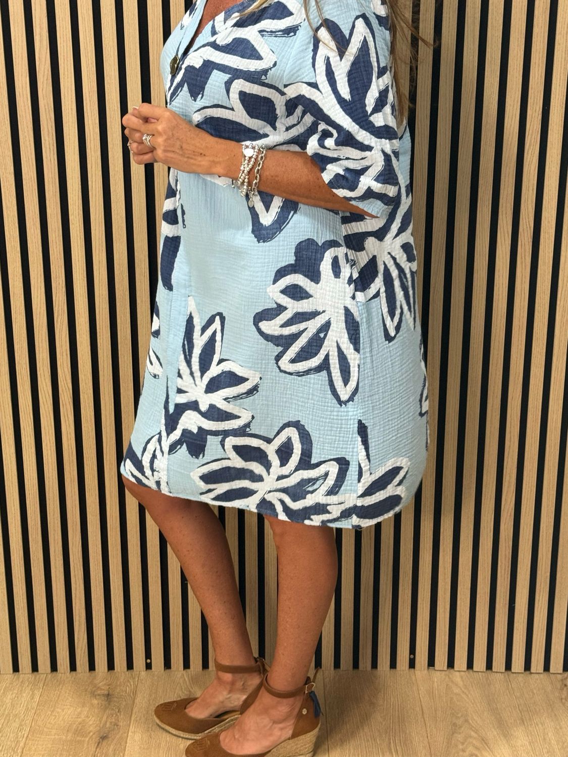 Button Front Flower Pattern Dress - Blue