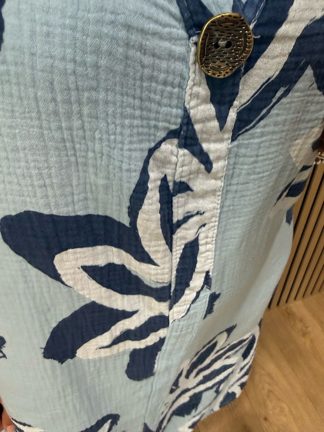 Button Front Flower Pattern Dress - Blue