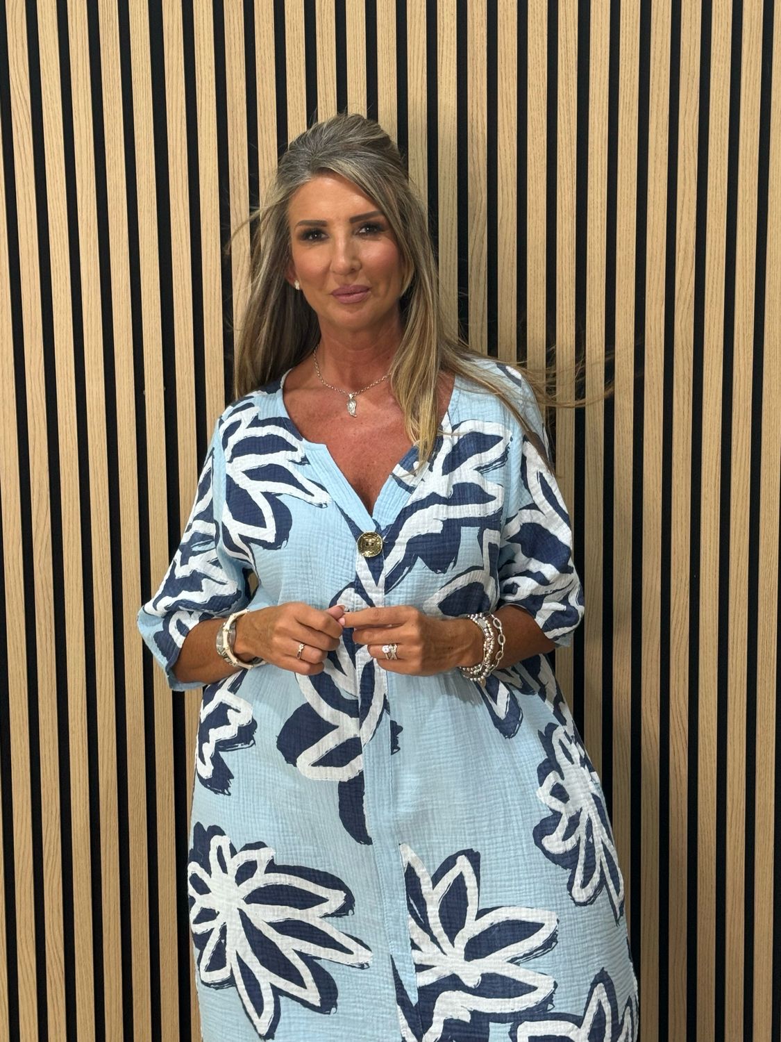 Button Front Flower Pattern Dress - Blue