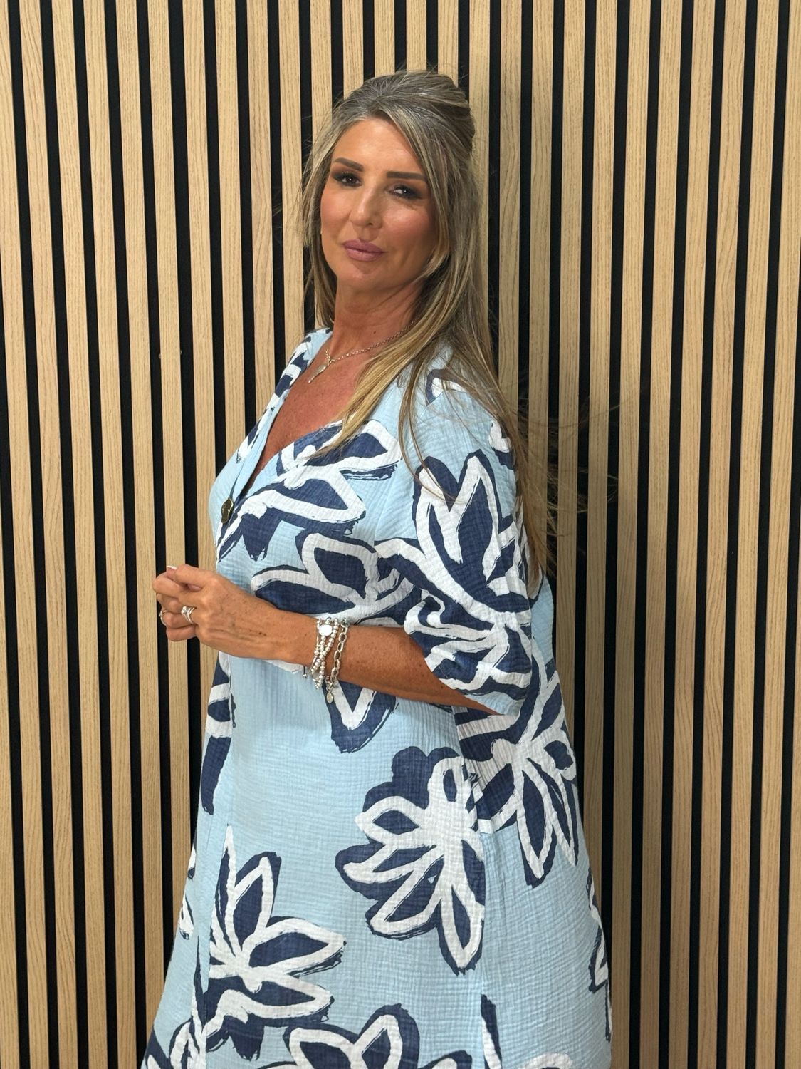 Button Front Flower Pattern Dress - Blue