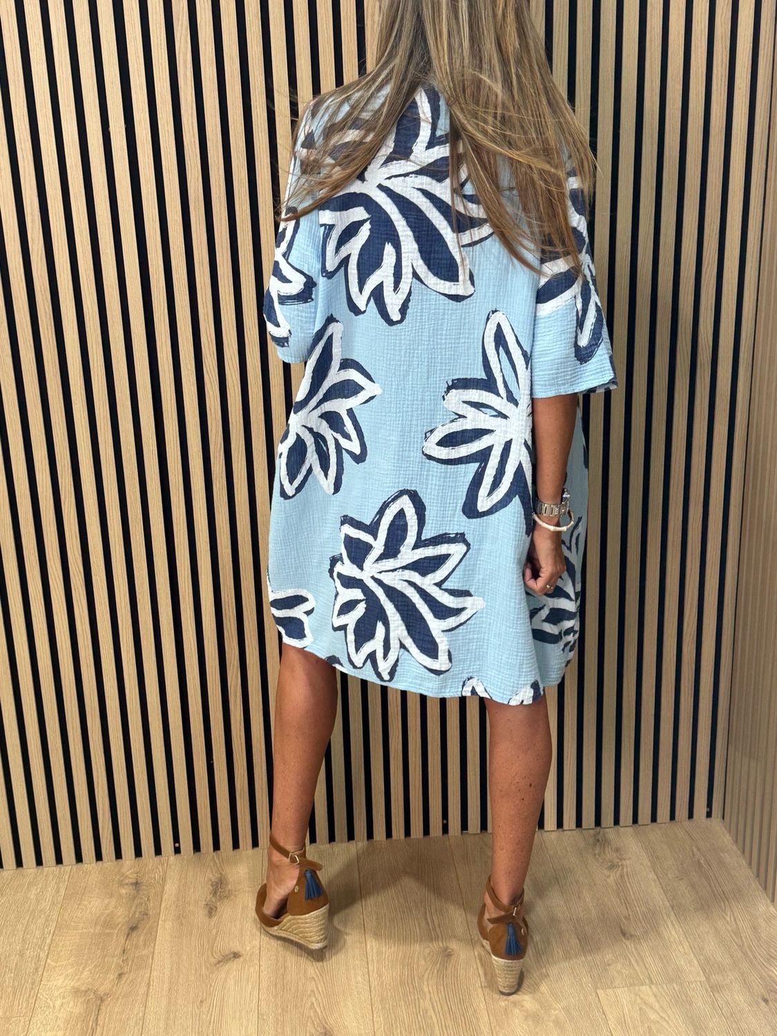 Button Front Flower Pattern Dress - Blue