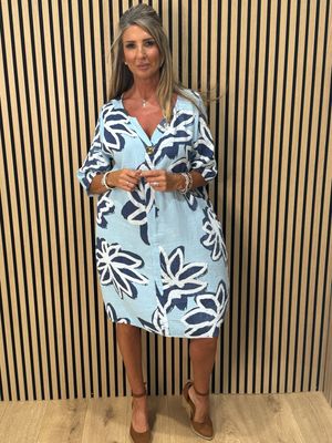 Button Front Flower Pattern Dress - Blue