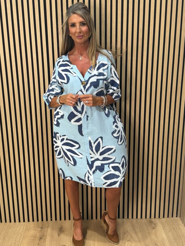 Button Front Flower Pattern Dress - Blue