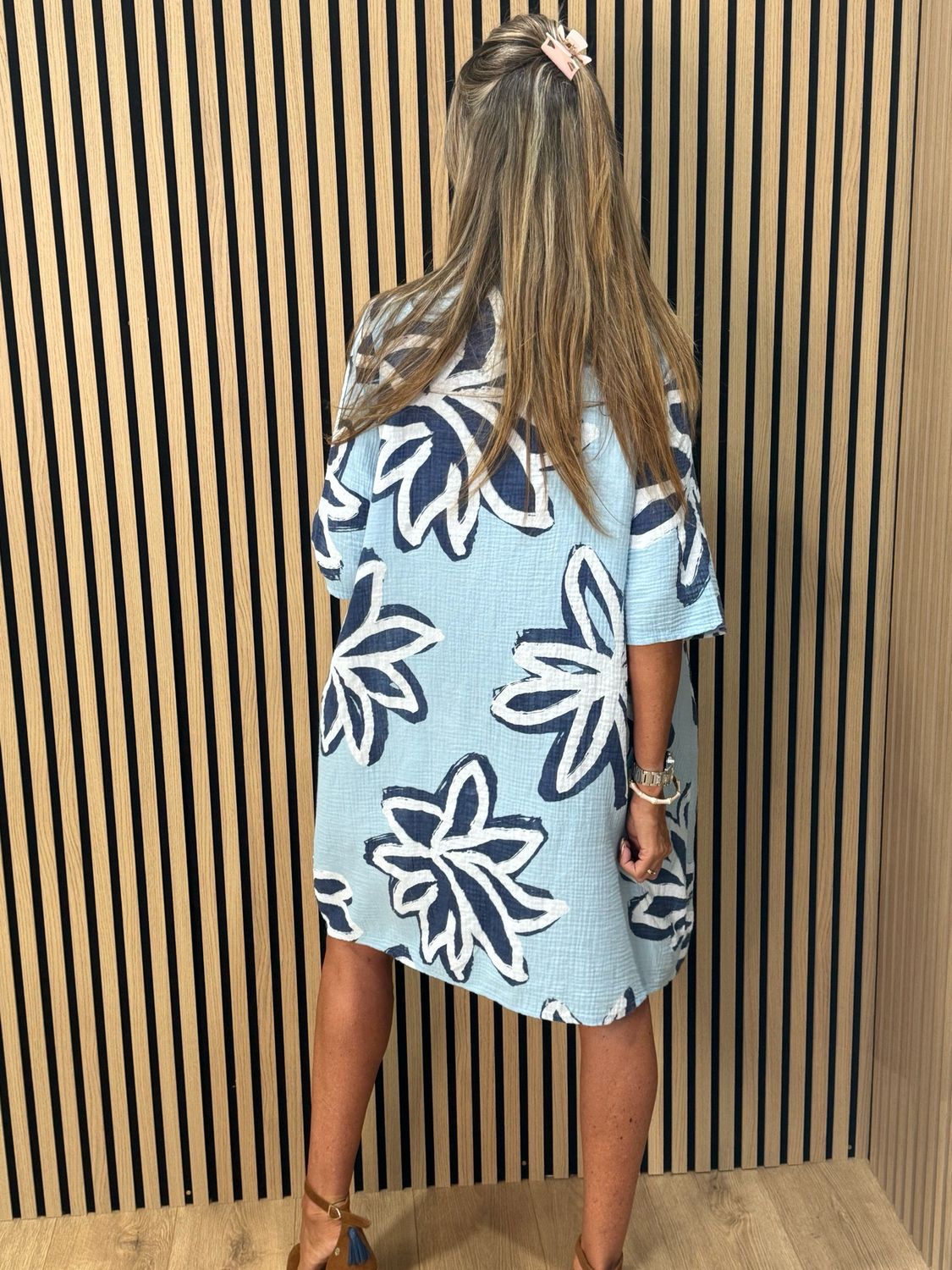 Button Front Flower Pattern Dress - Blue