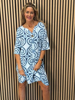 Button Front Swirl pattern Dress - Blue
