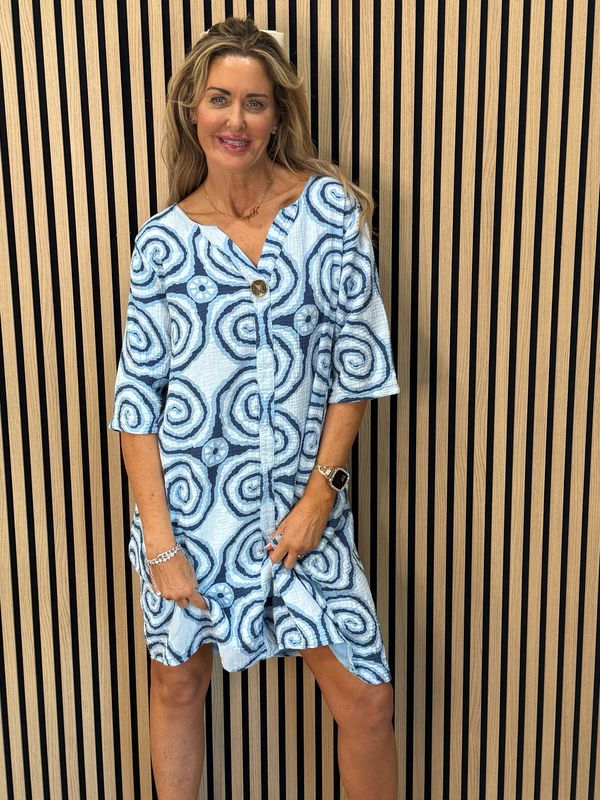 Button Front Swirl pattern Dress - Blue