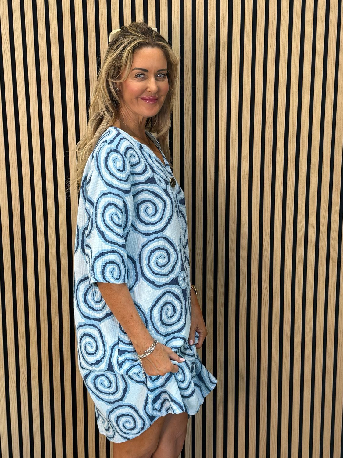 Button Front Swirl pattern Dress - Blue