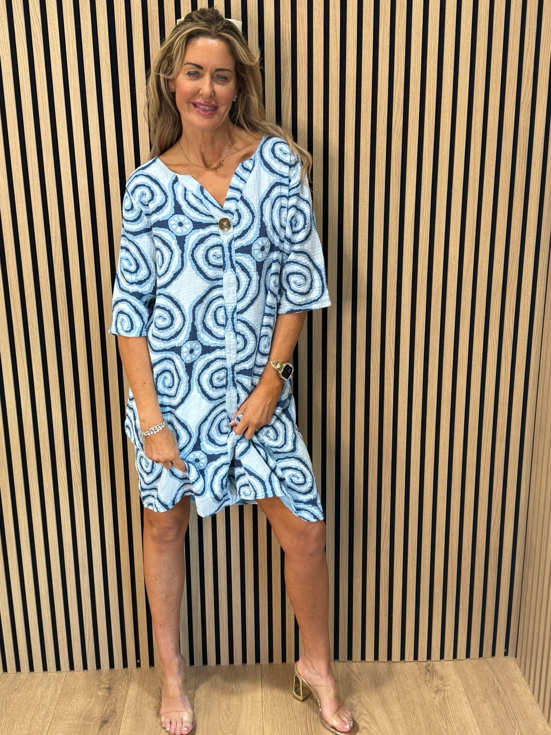 Button Front Swirl pattern Dress - Blue