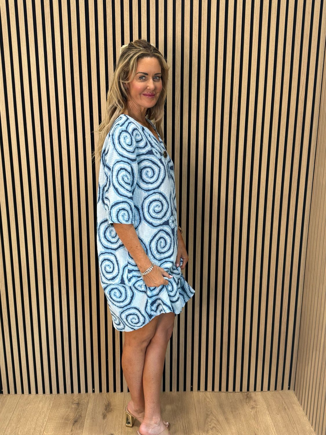 Button Front Swirl pattern Dress - Blue