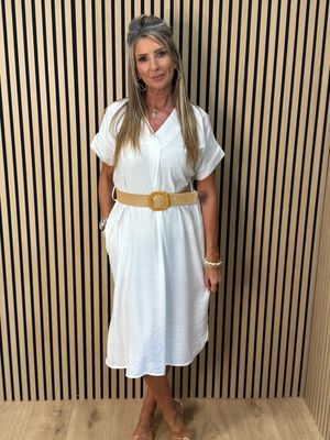 Belted V Neck Dress - White