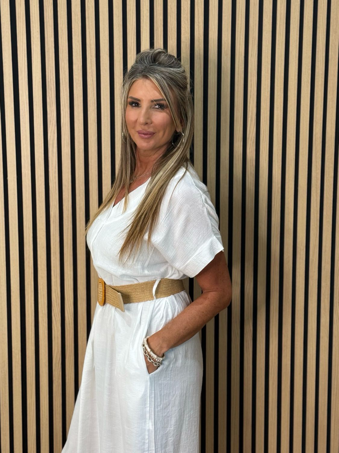 Belted V Neck Dress - White